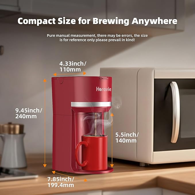 Horavie Mini Single Serve Coffee Maker for K Cup and Ground Coffee, Fast Brew One Cup Coffee Machine with Descaling Reminder and Water Window, 6 to 12 oz. Brew Sizes, Red