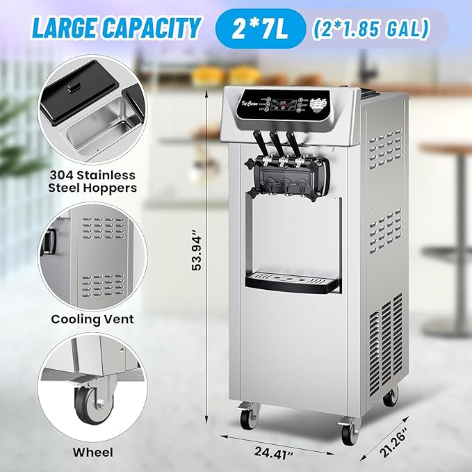 PioneerWorks Commercial Ice Cream Machine, 20-28L/H Yield, 2200W 7L X 2 Capacity, LCD Display, Auto Clean Adjustable Hardness 3 Flavor for Restaurant Snack Bars