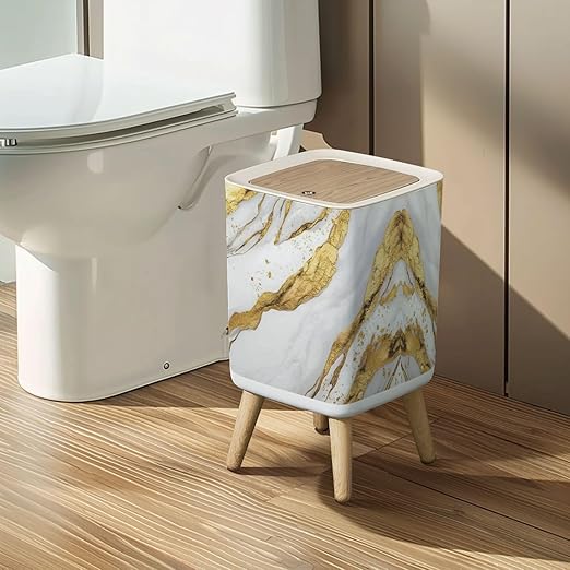 Small Trash Can with Lid Luxury White Gold Marble texture Panoramic Marbling texture for Wastebasket with Press Cover Dog Proof Garbage Can Waste Bin for Kitchen Bathroom Nursery 2.6 Gallon