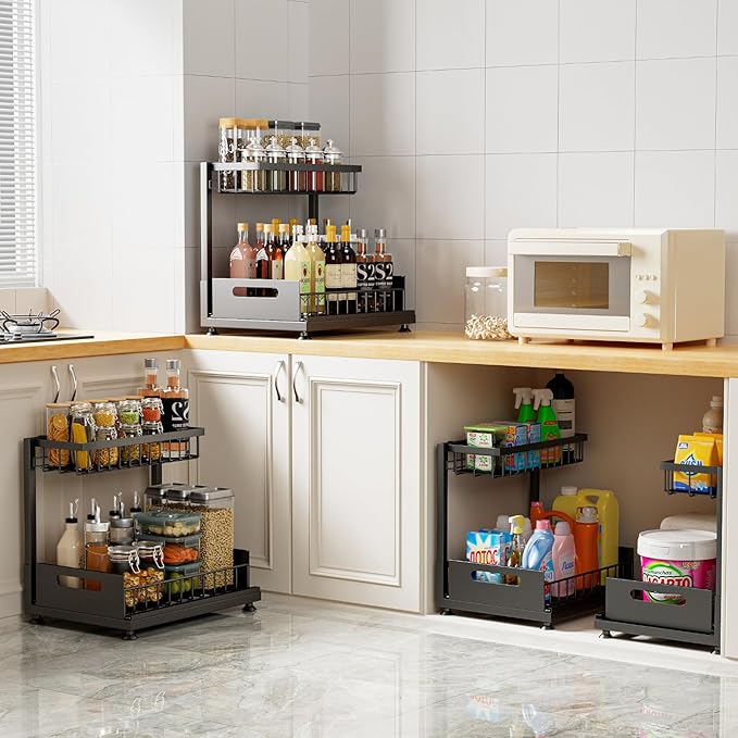 Saydear Under Sink Organizer Storage 2-Tier Premium Metal Pull-Out Racks, Height Adjustable, Easy Installation | Kitchen & Bathroom Organizers