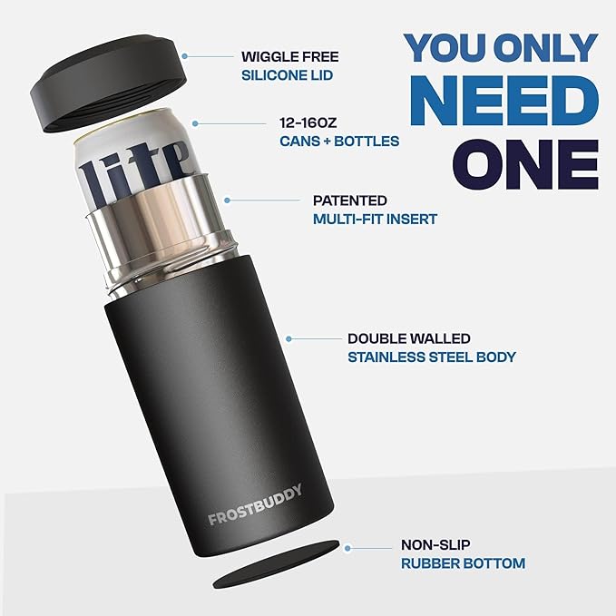Frost Buddy Universal Can Cooler - Fits all - Stainless Steel Can Cooler for 12 oz & 16 oz Regular or Slim Cans & Bottles - Stainless Steel (Rocket Pop)