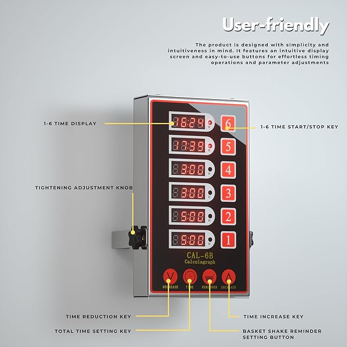 Commercial Kitchen Timer with 6 Channels, Professional LED Digital Timer for Cooking, Loud Alarm Volume +/-, Heavy Duty Stainless Steel Large Timers with Waterproof Panel & Memory Function