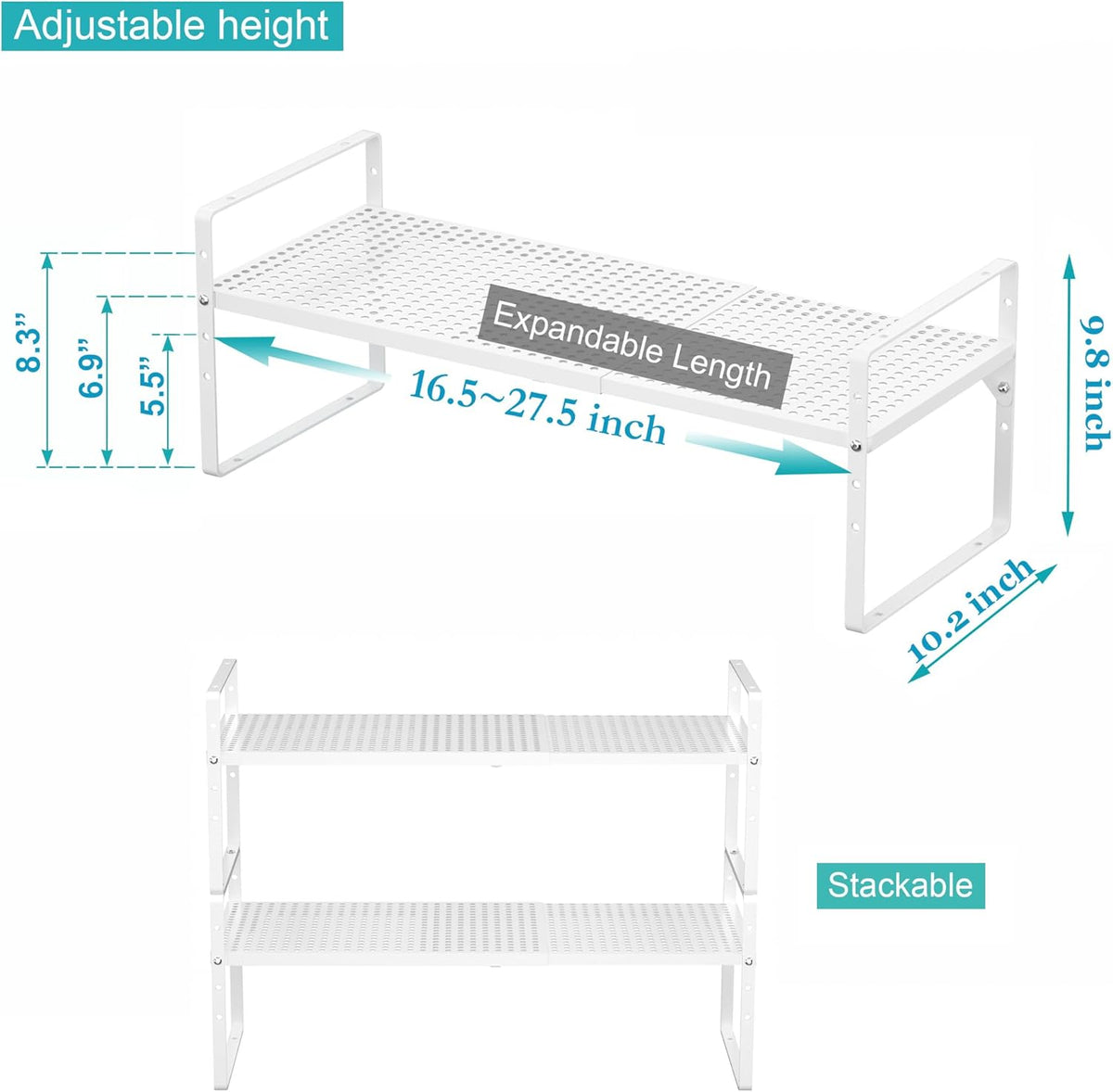 iPEGTOP 2 Pack Large Expandable Cabinet Storage Shelf, Heavy Duty Stackable Steel Metal Spice Rack Adjustable Height Home Office Pantry Garage Shelves for Counter Kitchen Organization, White