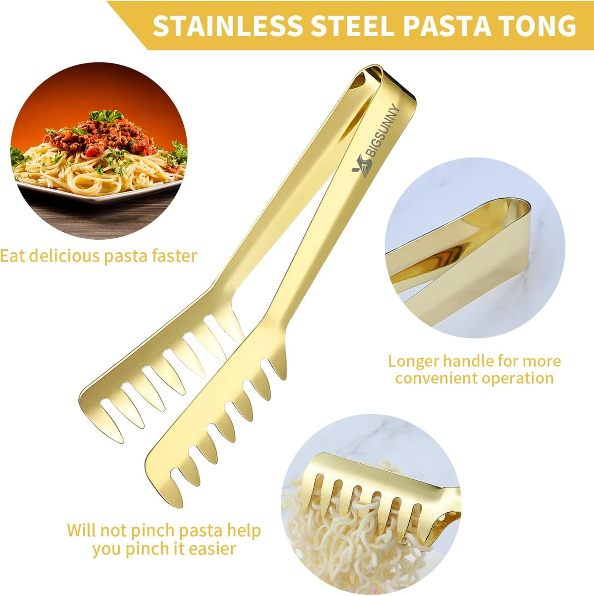 MSY BIGSUNNY 8 Inch Stainless Steel Pasta Tongs, Spaghetti Tongs with Teeth, Serving Tongs for Noodles, Spaghetti, Cooking (Set of 2, Shiny Gold)
