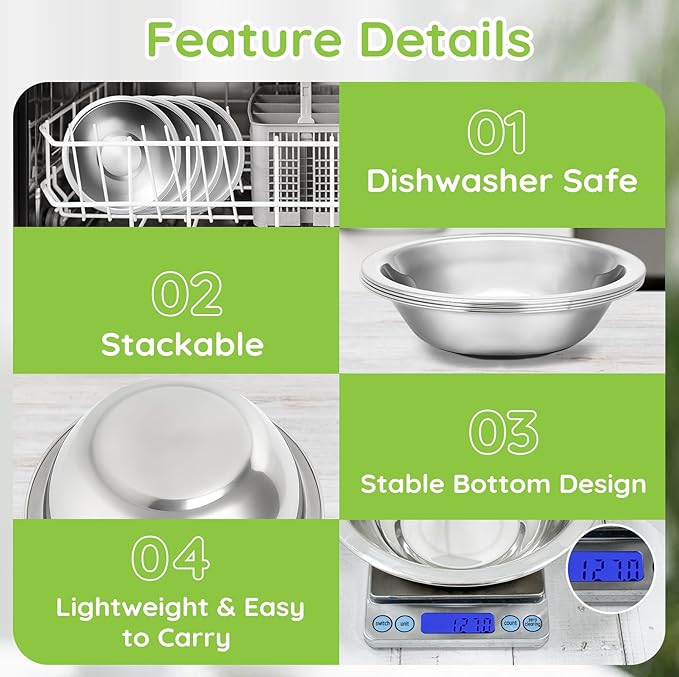 304(18/8) Stainless Steel Mixing Bowls for Kitchen, 8 Pack 8.7" 34.88 fl.oz Metal Mixing Bowls Set Stackable for Baking Serving Cooking Food Prep Storage Dishwasher Safe Lightweight