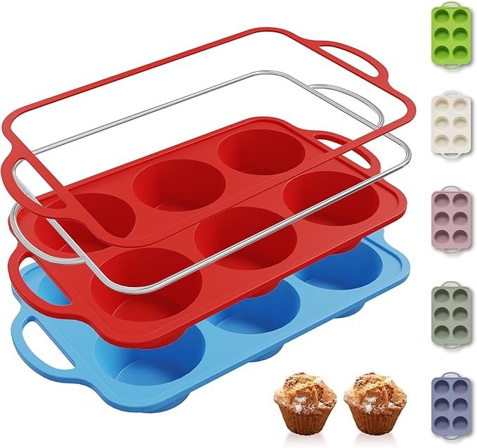 Socisen 2 Packs 6 Cups Silicone Muffin Pan with Metal Reinforced Frame Jumbo Size Cupcake Pan Tray Egg Bites Cookie Molds Muffin Tin Tart Pans Moldes De Silicona Para Gelatina Hornear Flan Chocoflan