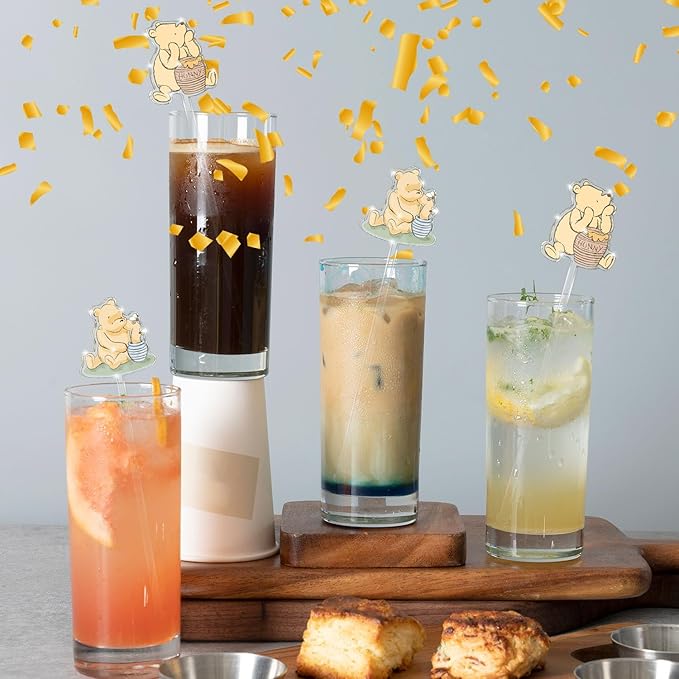 Winne Bear Theme Stirring Sticks for Cocktail, Coffee, Cake Pops, Stirrers Sticks Acrylic for Bar, Party Halloween Disposible Drinks Stick for Christmas Party(24 Pcs)