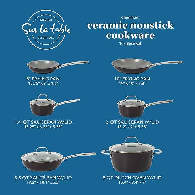 Sur La Table Kitchen Essentials 10 Piece PFA Free Titanium Ceramic Nonstick Interior Forged Aluminum Cookware Pots and Pans Set - Black - Induction Compatible