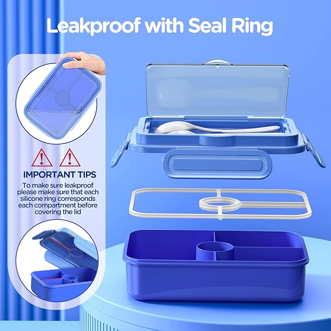 DaCool Bento Lunch Box for Kids - 7.5 Cups Leakproof Large Bento-Style with 4 Compartments Portions Lunchbox with Tableware Back to School, Reusable On-the-Go Meal and Snack Packing, Blue