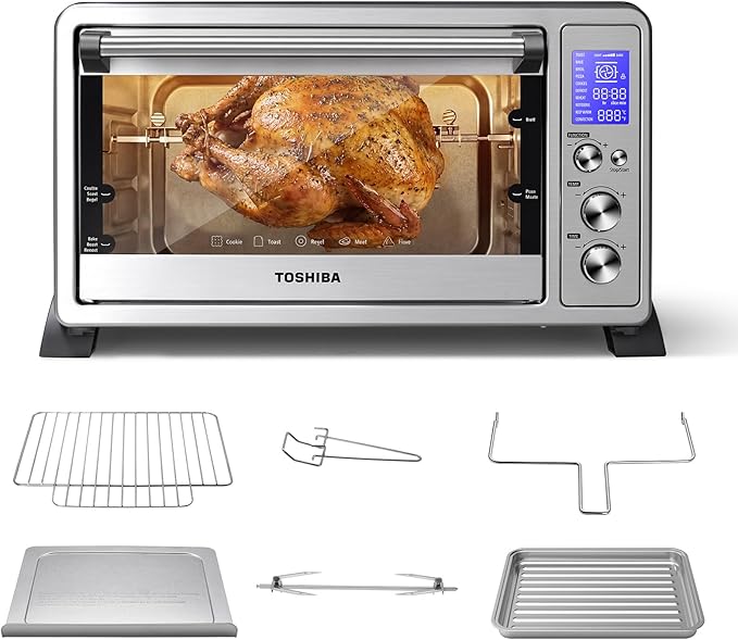 TOSHIBA 10-in-1 Convection Toaster Oven, 6-Slice Countertop Oven, 1500W with Toast, Bake, Broil, Rotisserie & Pizza Functions, LCD Knob Controls, 6 Accessories, Stainless Steel