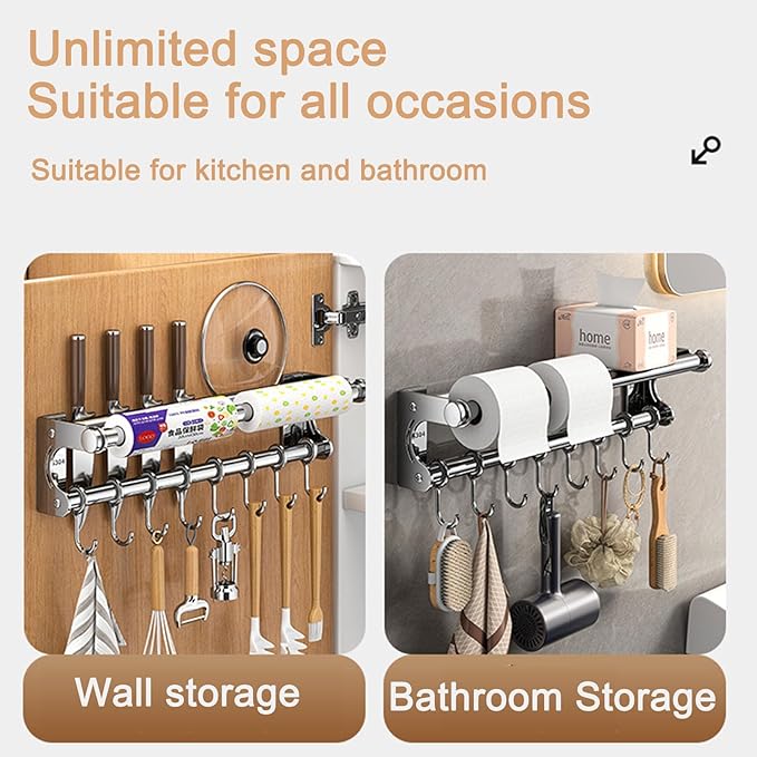 Hanging Wall Mount Knife Wall Mount,Kitchen Utensil Hanger,Space-Saving Kitchen Utensil Rack with Hooks,Kitchen Storage Shelf for Utensils Spatula Spoon, Easy to Clean (Grey, 40CM+8Hook)