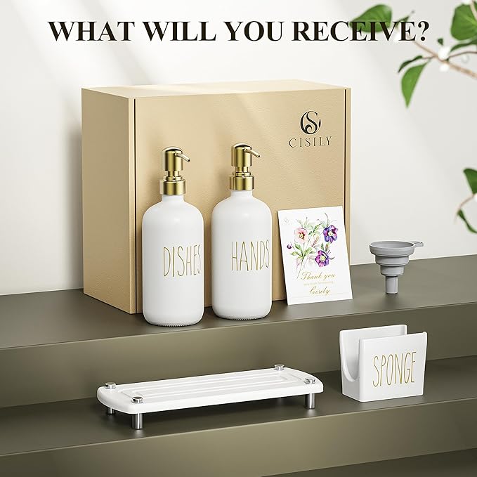 Cisily Kitchen Soap Dispenser Set Comes with Ceramics Sponge Holder, Gold Pumps, and Instant Dry Tray, Hand and Dish Soap Dispenser Set (4, Gold + White + Sponge Holder)