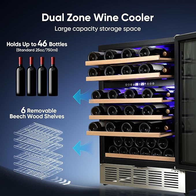 ORYMUSE 24 Inch Wine Cooler Refrigerator, 46 Bottle Dual Zone Wine Fridge with Stainless Steel Glass Door, Adjustable Shelves, Upgraded Compressor, Built-In Freestanding for Home, Bar, Kitchen