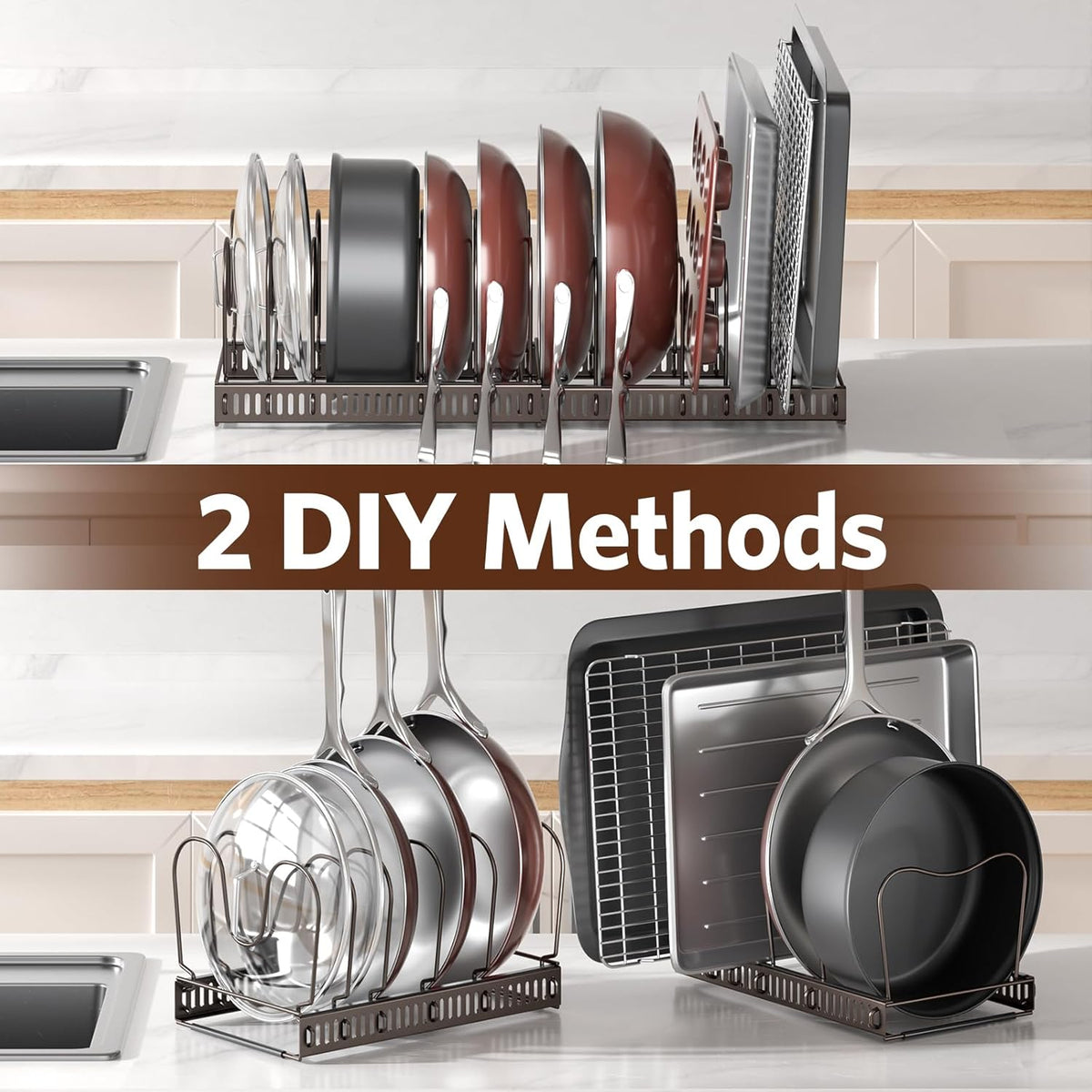 ORDORA Pots and Pans Organizer under Cabinet with Pan Holder: Expandable 11.8"-22.8" Kitchen Cabinet Organizer Rack, 12 Adjustable Dividers Storage for Cookie Sheets, Cutting Boards & Lid, Bronze
