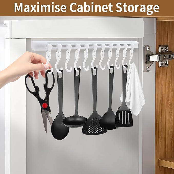 Kitchen Utensil Hanging Rack - Hooks for Kitchen Utensils, No Drilling Wall Mounted Utensils Holder, Kitchen Rail Rack with 10 Hooks Hanger for Bedroom Bathroom (Pack of 4)