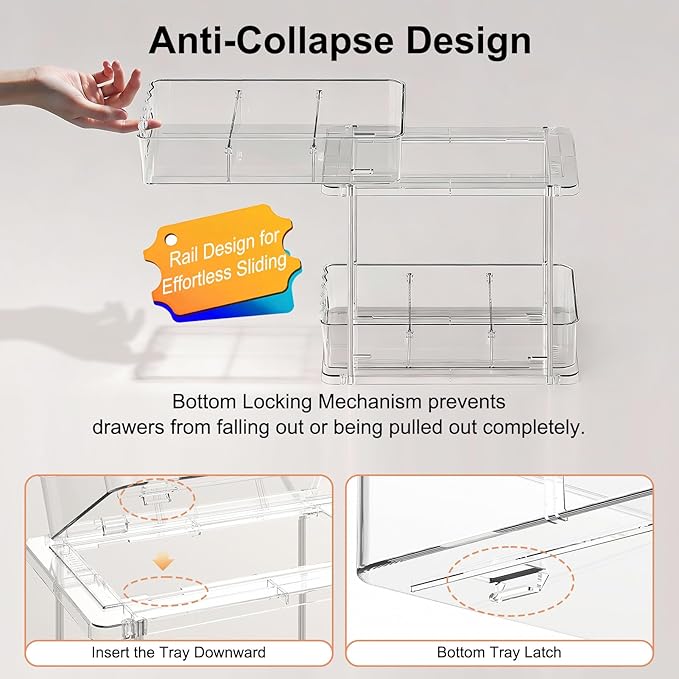 Delamu 2 Tier Snap-Lock Bathroom Under Sink Organizers and Storage, Multi-Purpose Cabinet Drawers with Movable Dividers, Pull Out Organization for Countertop, Kitchen and Pantry(Clear, 2 Pack)