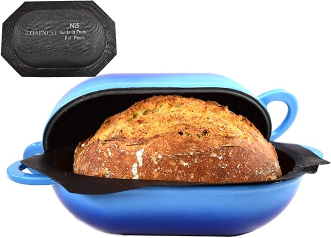 LoafNest: No-Knead Artisan Bread Kit. Incredibly easy! Cast Iron Dutch Oven [2 qt] and Perforated Non-Stick Silicone Liner.