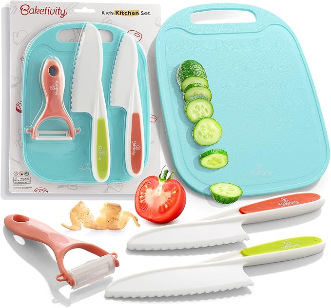 Baketivity Kid Safe Plastic Knives for Real Cooking with Cutting Board, Peeler for Kitchen - Knife Set with Blunt Tip, Dishwasher Safe, BPA Free Kids Knives for Cutting