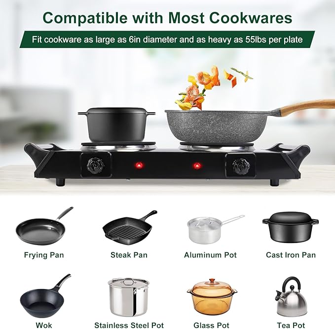 Electric Countertop Double Burner, 2000W Cooktop with Cast Iron Hot Plate & Stay Cool Handles, 5 Level Temperature Control, Easy to Clean, Indicator Lights, Cooking Stove for Office Home Camping RV
