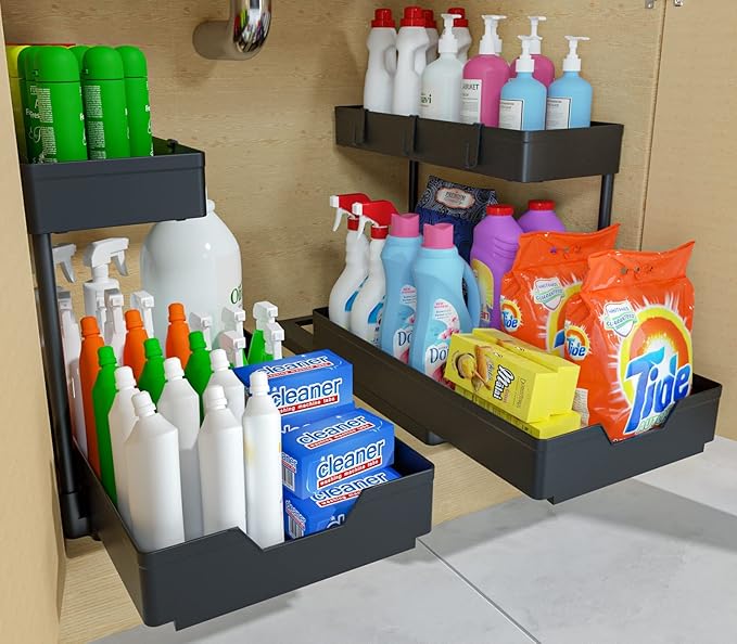 L shape Under Sink Organizers with 2 Pack of Black and 2 Pack of White，Sliding L-shape Cabinet Organizers Narrow Space Storage Multi-purpose Sink Organizer for Bathroom Kitchen Drawer