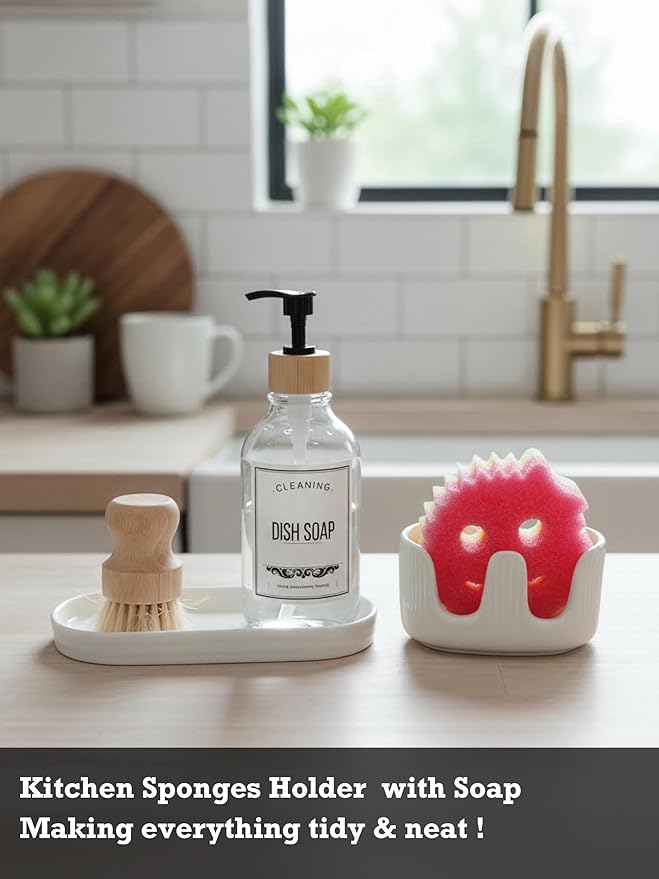 Ceramic Double Sponge Holder with Soap Tray, 2-Slot Countertop Sink Organizer, Modern White Kitchen Sponge & Dish Soap Holder, Rust-Free, Easy to Clean, Decorative Sink Caddy Set