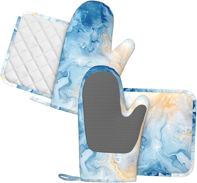 Oven Mitts and Pot Holders Blue Marble Pastel Silicone Kitchen Accessories Set of 4 Heat Resistant Long Gloves Potholder Non-Slip Grip for Chef Cooking Baking Grilling BBQ