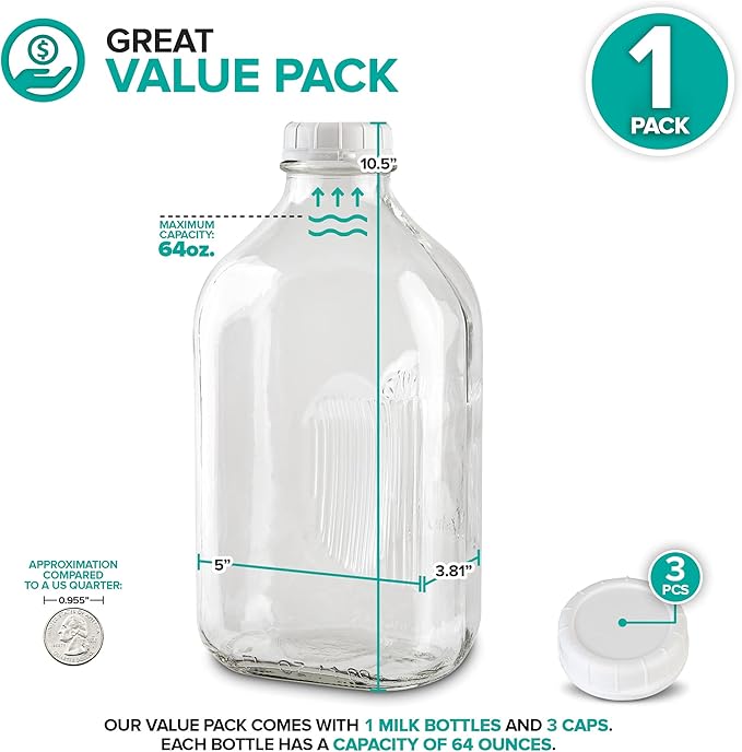 Stock Your Home Half Gallon Glass Bottle with Lid (1 Pack) 64 Oz Jugs and 3 White Caps, Reusable Food Grade Container for Refrigerator, Bottles for Juice, Oat or Plant Milks, Water, Honey