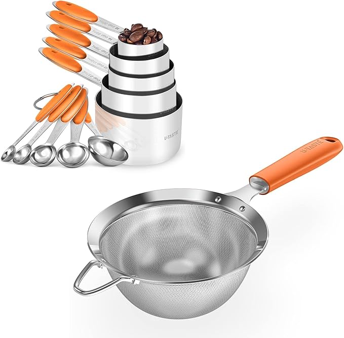 U-Taste 10 Piece Measuring Cups and Spoons Set in 18/8 Stainless Steel, and 18/8 Stainless Steel 5.5 inch 30 Mesh Strainer (Orange)