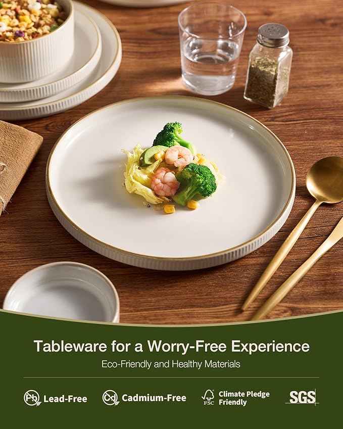 Famiware Star Dinnerware Set with Mugs, Service for 4 (16pcs), Ribbed Stoneware Plates and Bowls Dishes Sets with Trim - Chip & Scratch Resistant, Microwave & Dishwasher Safe, White