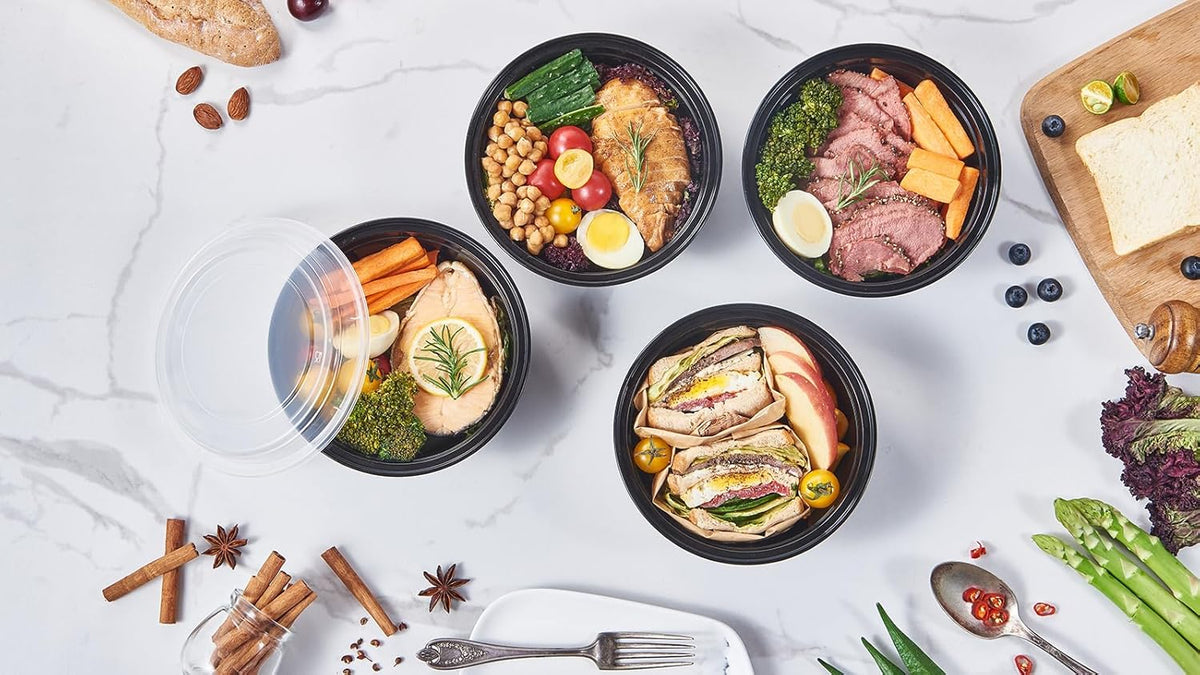 FULING 32 oz 150 ct Round Meal Prep Containers with Lids Plastic Food Storage Lunch Plan To Go Box Disposable Take Out Bowls Black BPA Free Reusable Durable Stackable Microwave Freezer Dishwasher Safe
