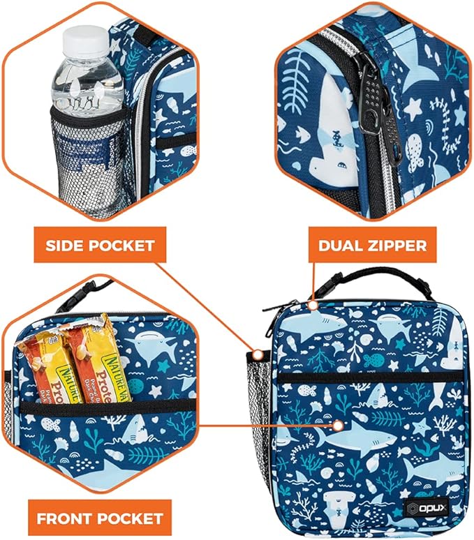 opux Premium Insulated Lunch Box, Soft School Lunch Bag for Kids Boys Girls, Leakproof Small Lunch Pail Men Women Work, Reusable Compact Cooler Tote Lunchbox for Office, Blue Shark