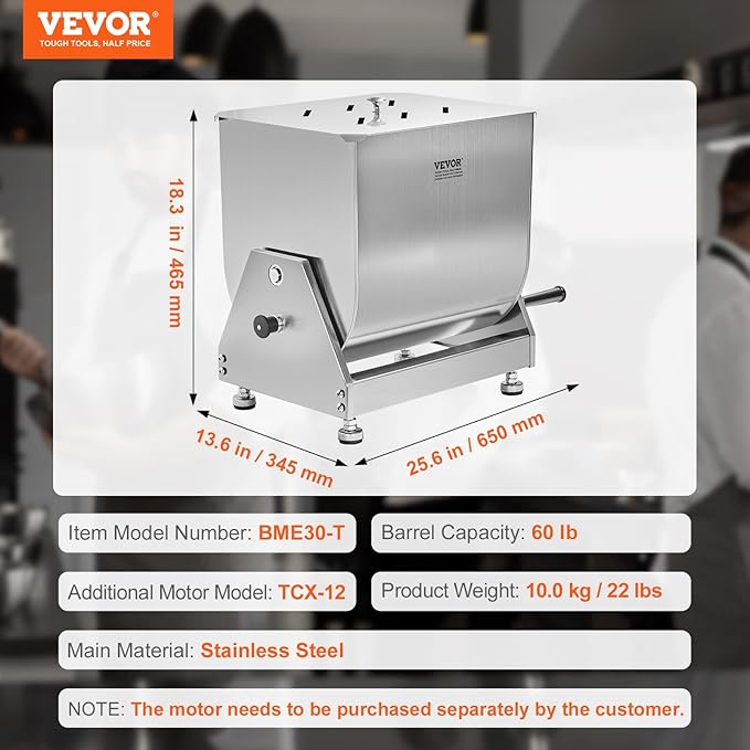 VEVOR Manual Meat Mixer, 60 Pound Capacity Tilt Tank Meat Mixer, Stainless Steel Meat Processing Equipment, Sausage Mixer Machine with Lid and Handle, Ground Beef Hand Mixer, Silver