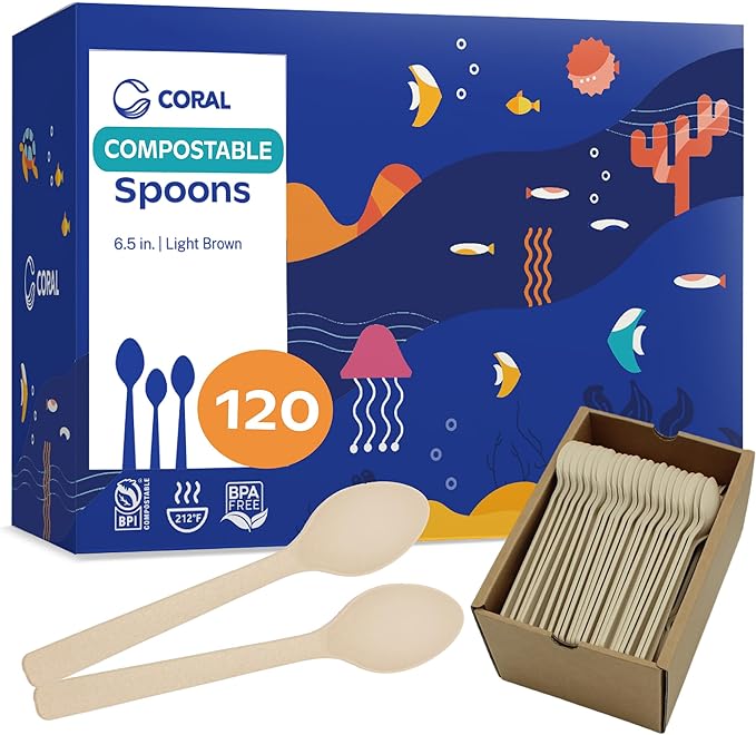 CORAL Light Brown 100% Compostable Spoons - 120 Heavy Duty No Plastic Spoons (6.5 inch) - Break Resistant with Smooth Edges, Ocean Friendly Alternative to Plastic Utensils - Biodegradable & Disposable