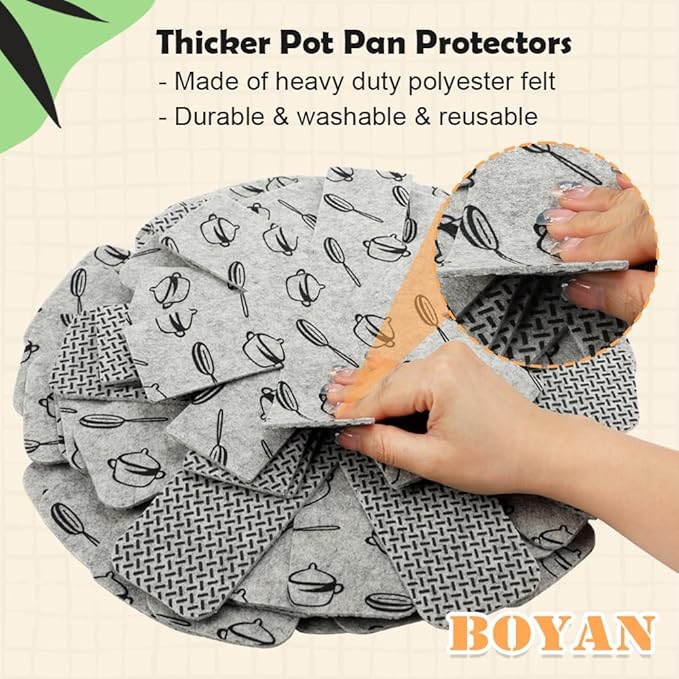 BOYAN Pot and Pan Protectors, Thicker Felt Pot Protectors for Stacking, Set of 12 & 3 Different Sizes, Cookware Accessories, Pan Separators for Stacking Skillet Ceramic Saucepan Glassware