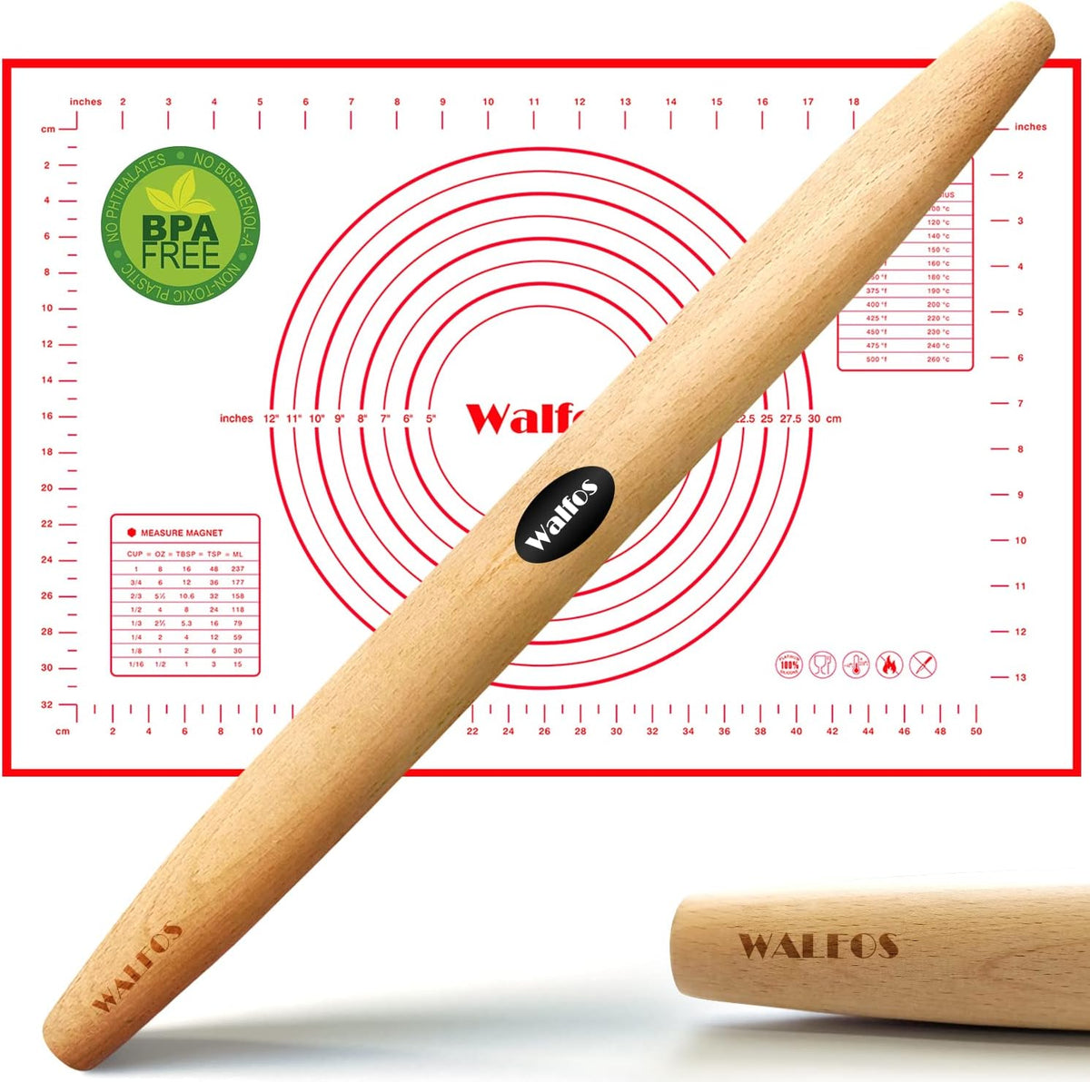 WALFOS French Rolling Pin and Silicone Baking Mat Set, Non-Stick Beech Wood Rolling Pin 17 Inch and Pastry Mat for Best Pie Crust, Cookie, Pasta and Pizza Dough