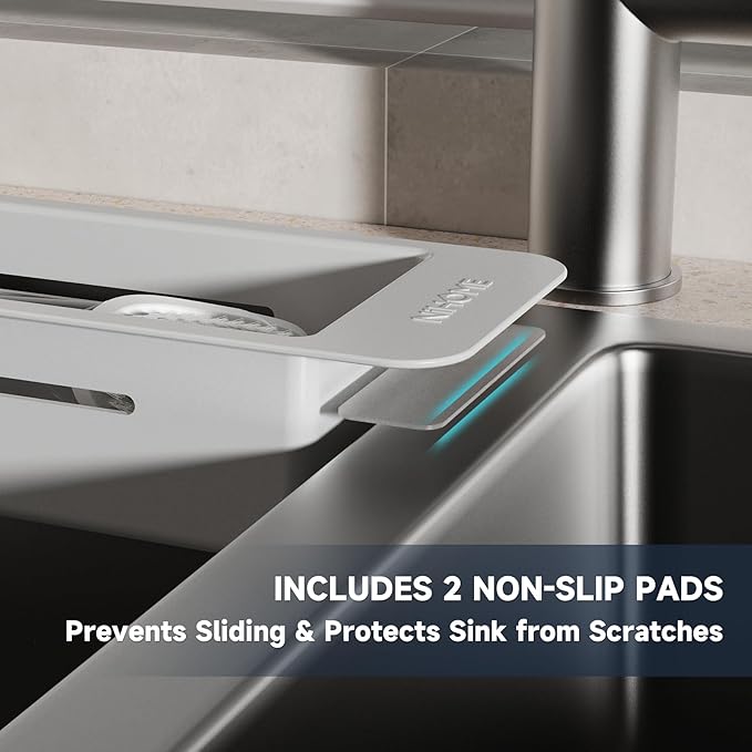 NiHome Extendable Over Sink Kitchen Organizer, Small Telescopic Brush Storage Rack for Sponge, Non-Slip Pads Expandable Sink Caddy, Adjustable Sponge/Brush Rack with Drainage Durable ABS (Gray)