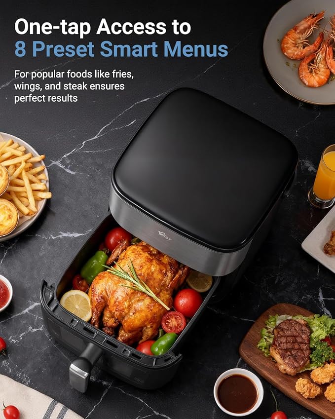 Bear 6.3QT Air Fryer with Smart Color Touchscreen, 4D Turbo Crisp Technology, See-Through Window & Steam Function for Juicy Results, 1600W, Dishwasher Safe Basket