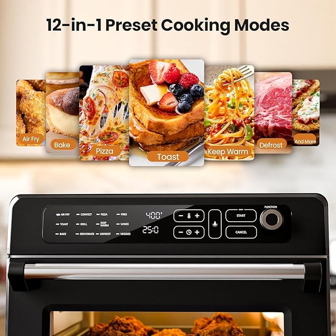 Kismile 25QT Air Fryer Toaster Oven Combo, 12-in-1 Large Countertop Convection Airfryer Oven, 70–450℉, Bake, Roast, Reheat, Broil, Fits 12″ Pizza, Includes Full Accessories, Stainless Steel(Black)