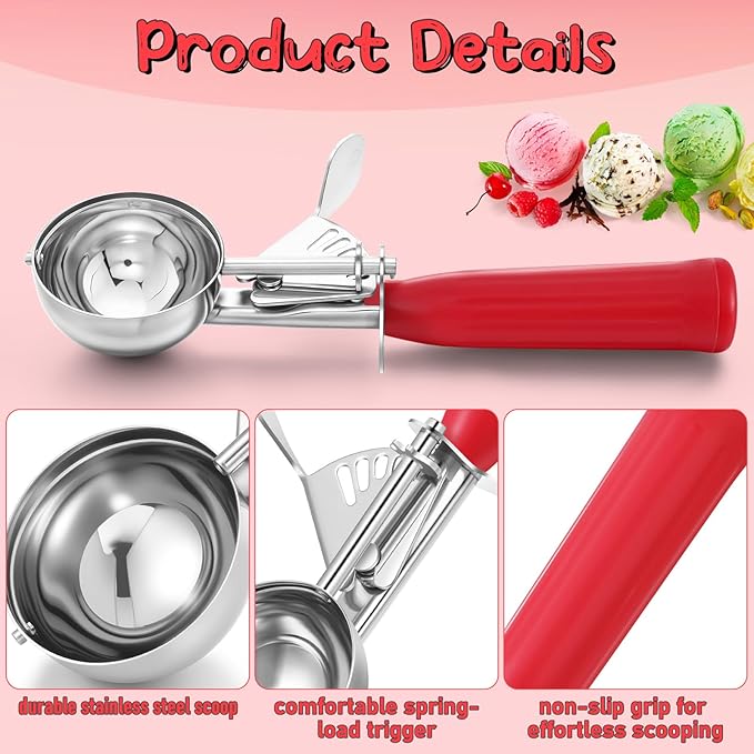 Reallnaive 2 Pcs Release Cookie Scoops Ice Cream Scooper with Trigger Release Portion Scoop Stainless Steel for Portion Control, Baking Food, Cookie Dough (1.33 oz,Red)