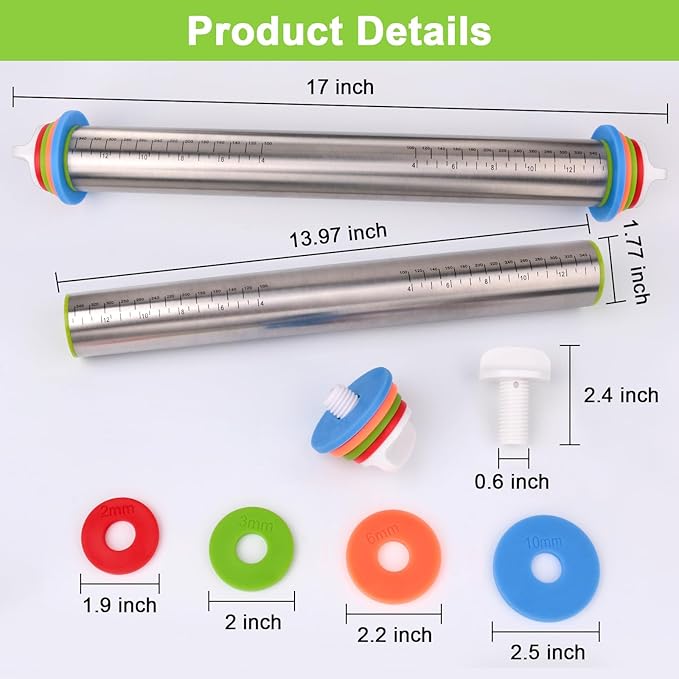 Adjustable Rolling Pin with Thickness Rings for Baking, Stainless Steel Designs Dough Roller Pins for Cookie Decorating Baking Supplies Fondant Cake Baker