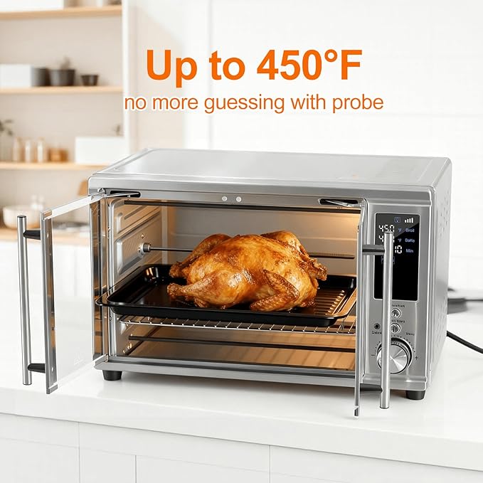 OLIXIS Air Fryer Toaster Oven Combo Extra Large with Smart Probe, 29.6QT Oven Countertop 12 Functions in 1, 7 Accessories Included, Stainless, Up to 450°F