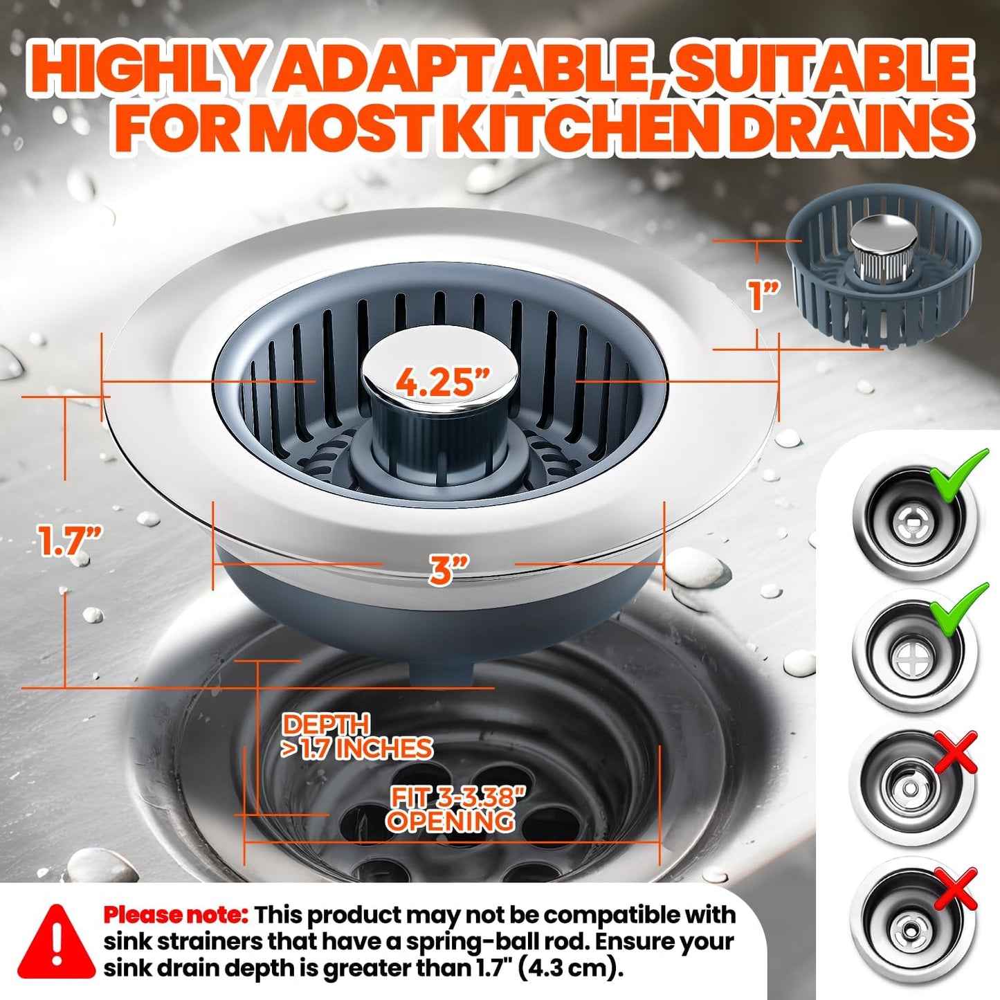 Kitchen Sink Drain Strainer & Sink Stopper, Upgraded 3 in 1 Stainless Steel Drain Plug Combo with Anti-Clog Basket, Pop Up Drain Cover for Standard 3-1/2'', Fits Double Bowl Kitchen Sinks