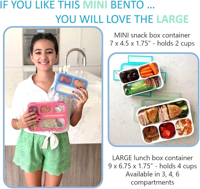 Small Snack Containers for Kids Toddlers - 3 Compartments (Set of 2) - Leak-Proof Reusable Boxes with Lids - BPA-Free Plastic Mini Bento Lunch Box - Holds 2 Cups Capacity (Pastel Blue+Teal Sparkle)