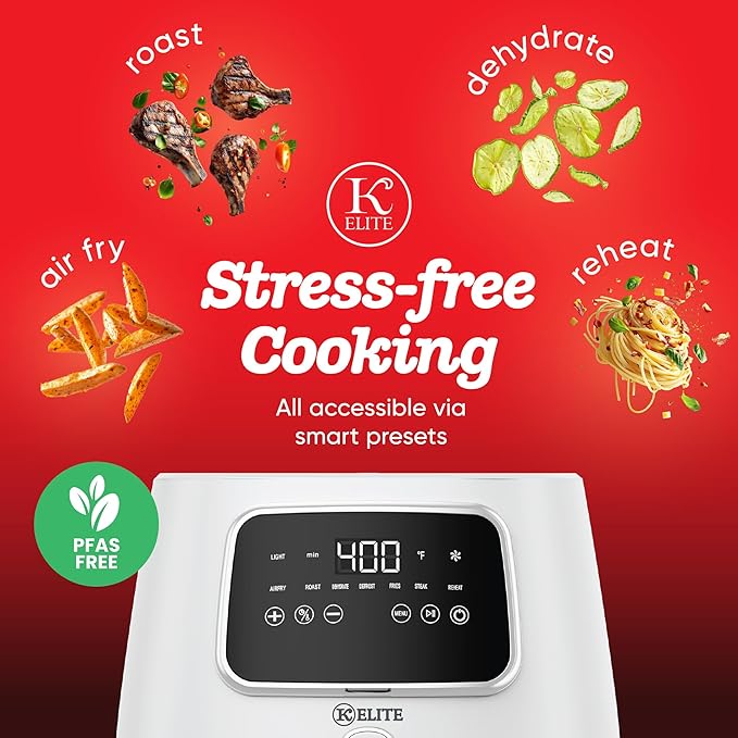 Kitchen Elite 5.5 Qt. Digital Air Fryer, Countertop Cooker with LED Screen, Presets for Air Fry, Roast, Dehydrate, Defrost and Reheat, White