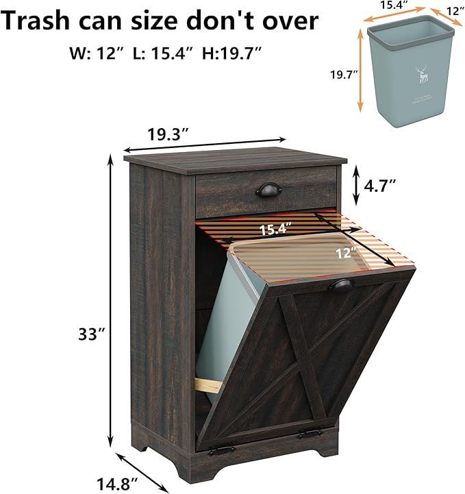 Furniouse Single Tilt Out Trash Can Cabinet with Drawer, 10 Gallon Wood Garbage Cabinet for Kitchen, Dark Brown
