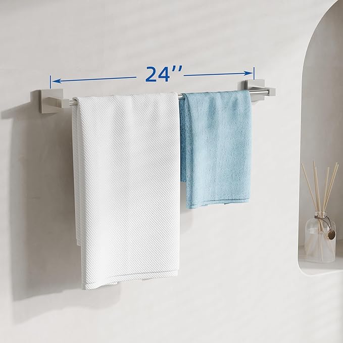 RUACQ Brushed Nickel Towel Bar 24 inch, 304 Stainless Steel Towel Racks for Bathroom Wall Mounted, Heavy Duty Bath Towel Rod with Square Base(Brushed Nickel)