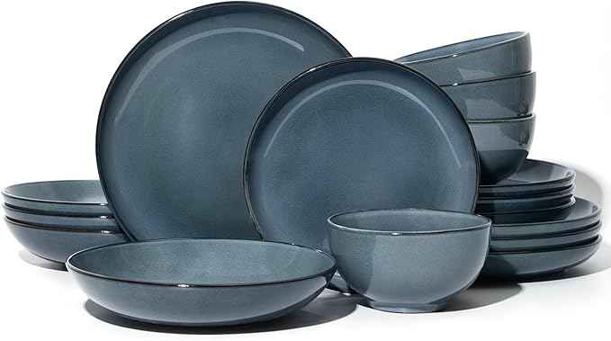 16 Piece Double Bowl Dinnerware Sets with Pasta Bowls, Highly Chip and Crack Resistant Plates and Bowls Sets, Natural Earthyware Ceramic Dishware Sets, Service for 4 Jeans Blue