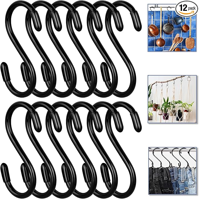 Vinyl Coated S Hook, Hanging Plants,Non Slip,Small Rubber Coated Steel Metal Black Closet S Hook for Hanging Jeans Plants Jewelry Pot Pan Cups Towels (12, 3 Inch+Black + Vinyl Coating)