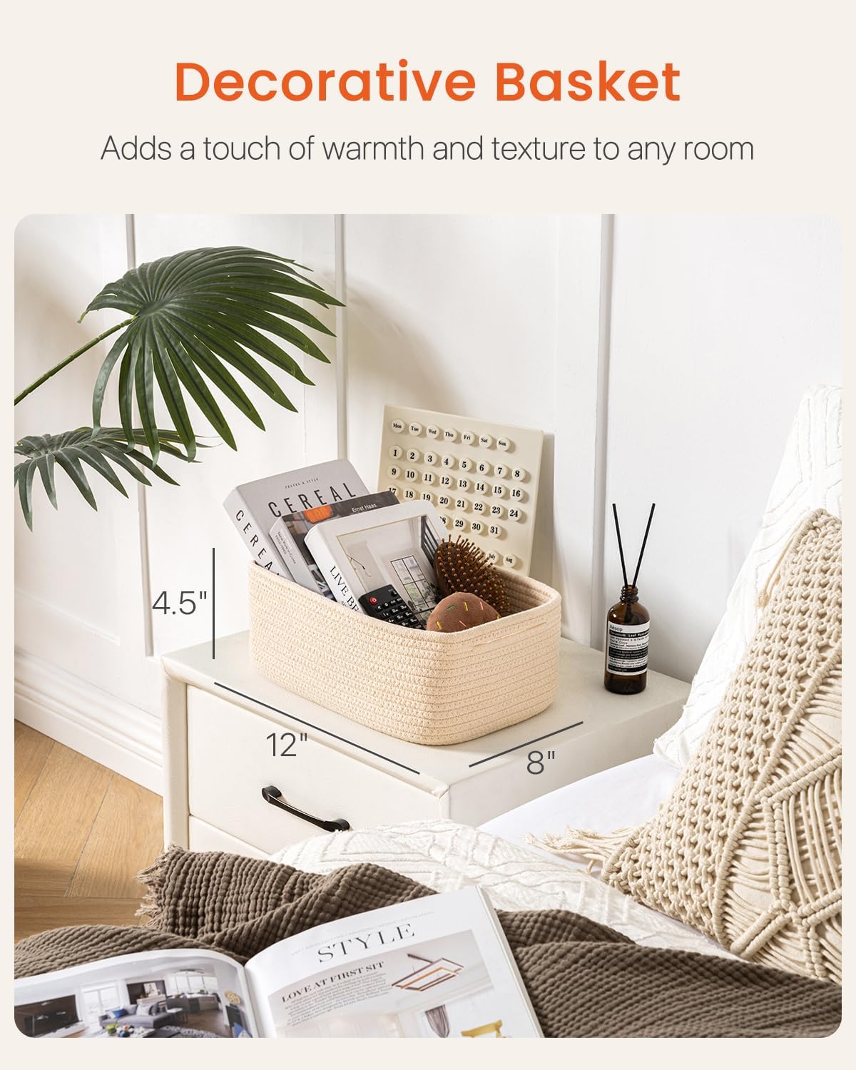 Small Woven Basket, 12 x 8 x 4.5 Inches, Storage Basket for Organizing, Cute Small Rope Shelf Closet Cube Storage Bins Baskets for Shelves, Dog Toy Gift Baskets Empty, 3 Packs, Beige