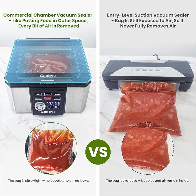 Gasbye Chamber Vacuum Sealer – 5.3QT Large Chamber, Replaceable 11.5" Sealing Bar with Double Seal, Perfect for Meats, Soups, Sauces & Liquids, Includes 30 Pre-Cut Vacuum Bags, Stainless Steel